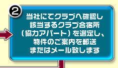 step2:当社にてクラブへ確認し該当するクラブ合宿所（協力アパート）を選定し、物件のご案内を郵送またはメール致します